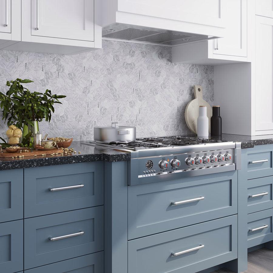 2.5" Carrara Hexagon peel and stick tile backsplash