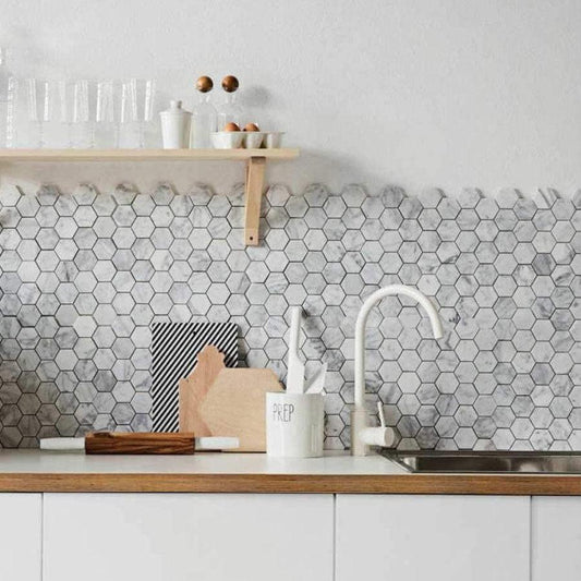 4 Inch White Carrara Hexagon Honed Marble Mosaic Tile Backsplash for a White Kitchen