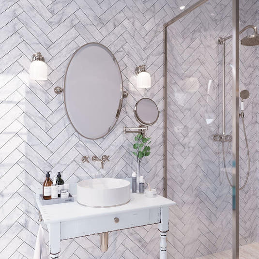 Polished marble tile wall for bathroom