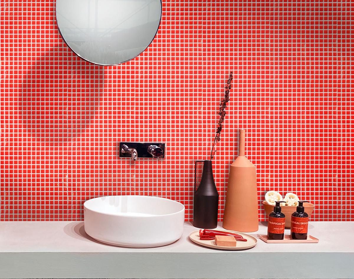 Cayenne Pepper Red Squares Glass Pool Tile Bathroom Backsplash