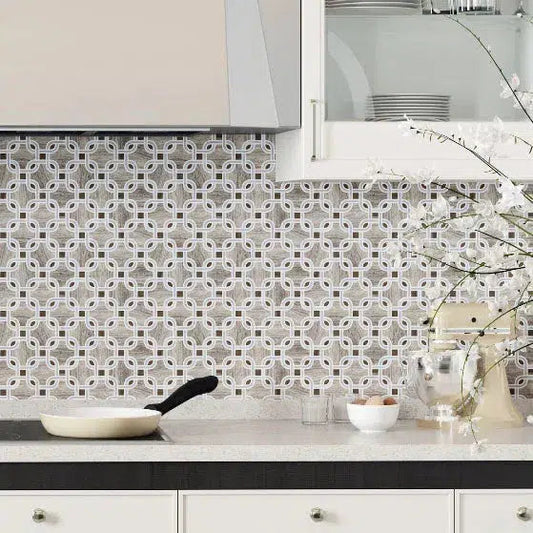 Chains Wooden Beige & White Carrara Marble Mosaic Tile Kitchen Backsplash