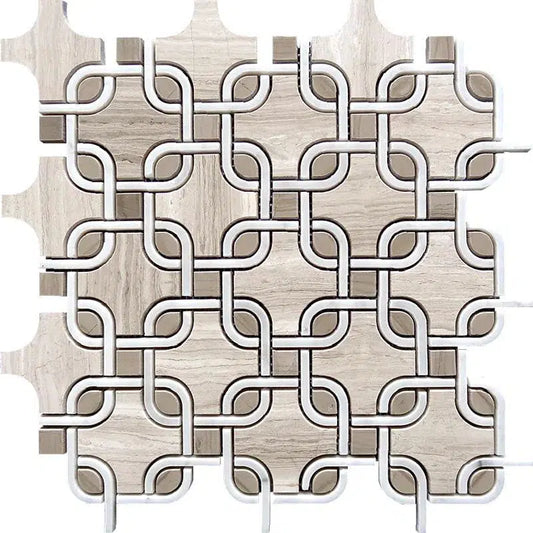 Chains Wooden Beige & White Carrara Marble Mosaic Tile Sample
