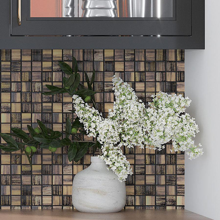 Kitchen Corner with Charcoal Foil And Frosted Square Mosaic Tile Wall
