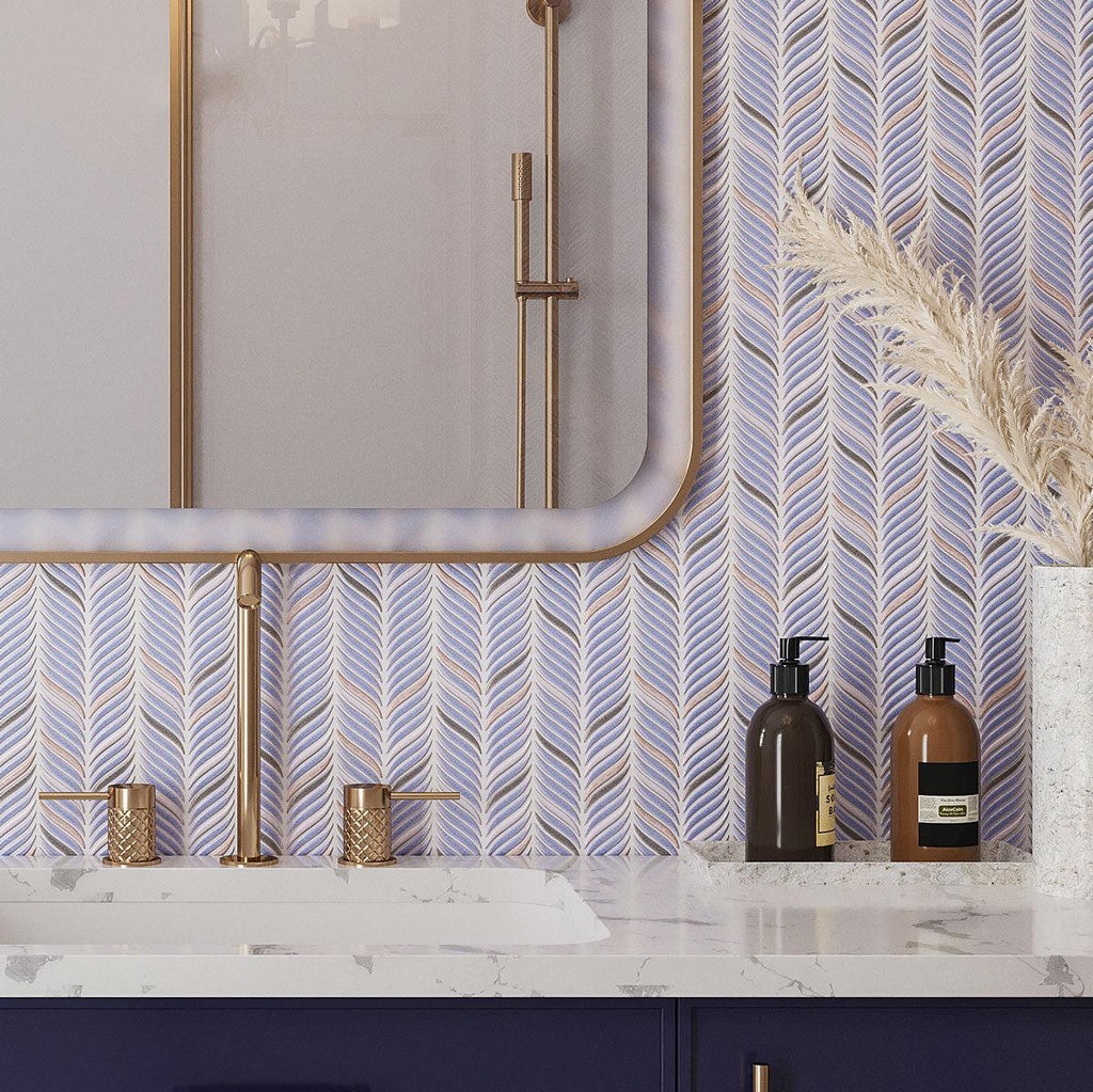 Chateau Blue Sprig Ceramic Mosaic Tile textured wall