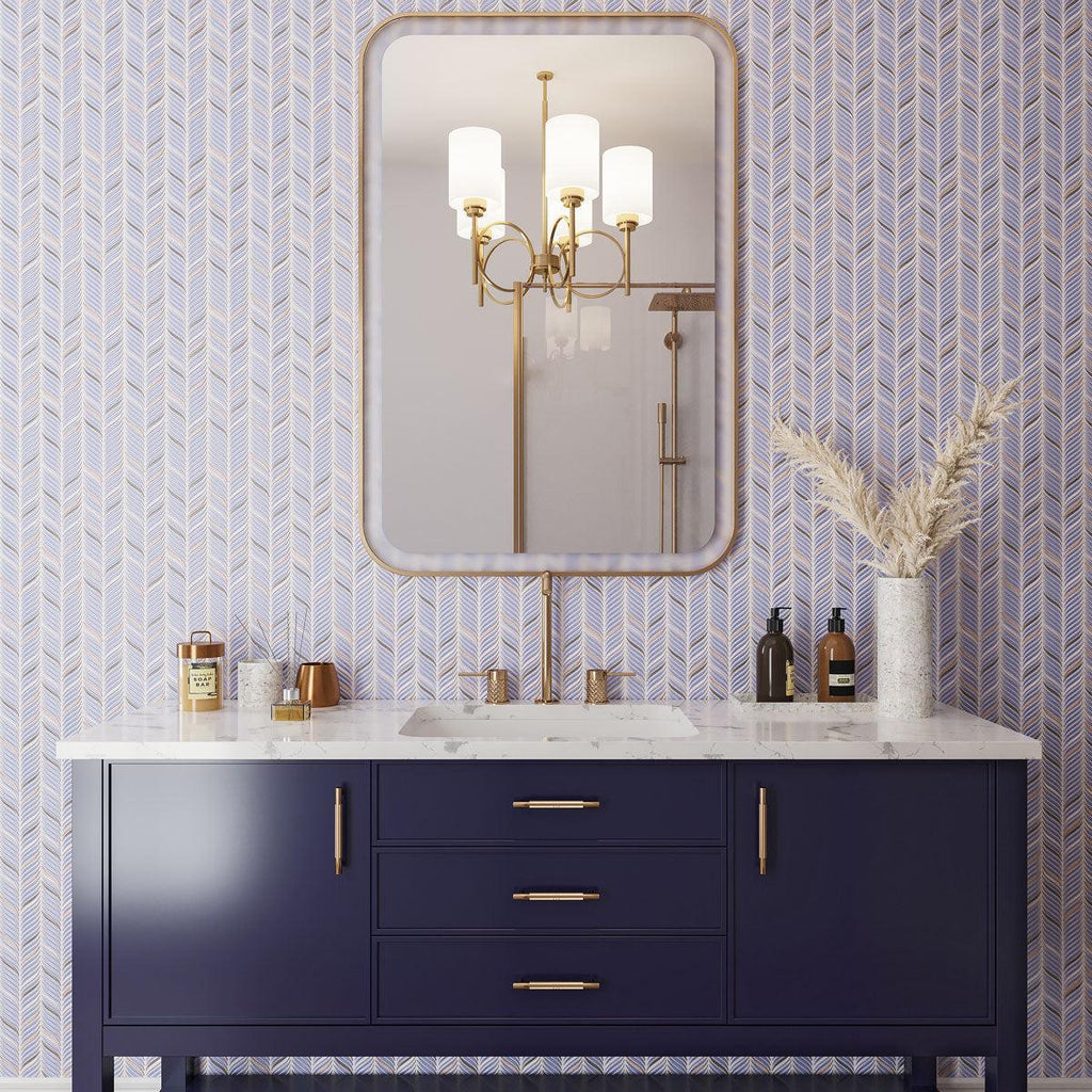 Blue and white bathroom with patterned ceramic wall tile