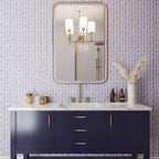 Blue and white bathroom with patterned ceramic wall tile