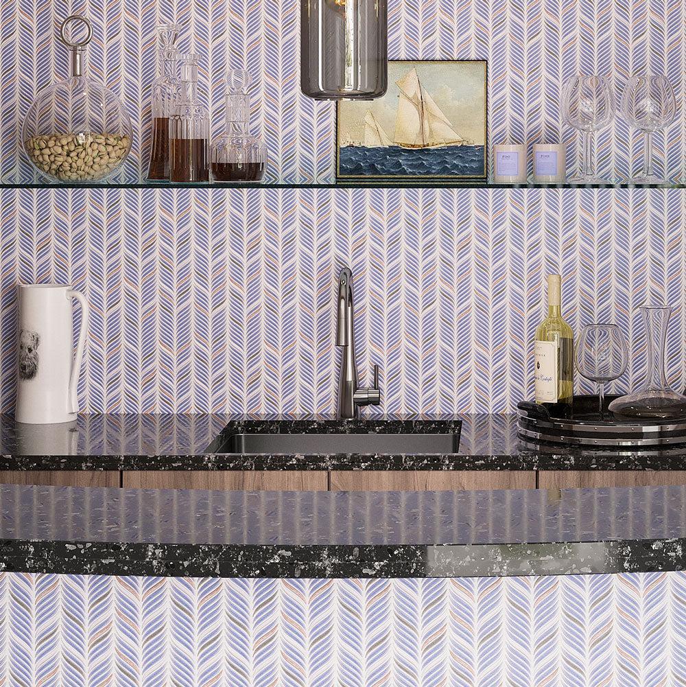 Pantry Shelves & Bar Counter with Chateau Blue Sprig Ceramic Mosaic Tile Close-up