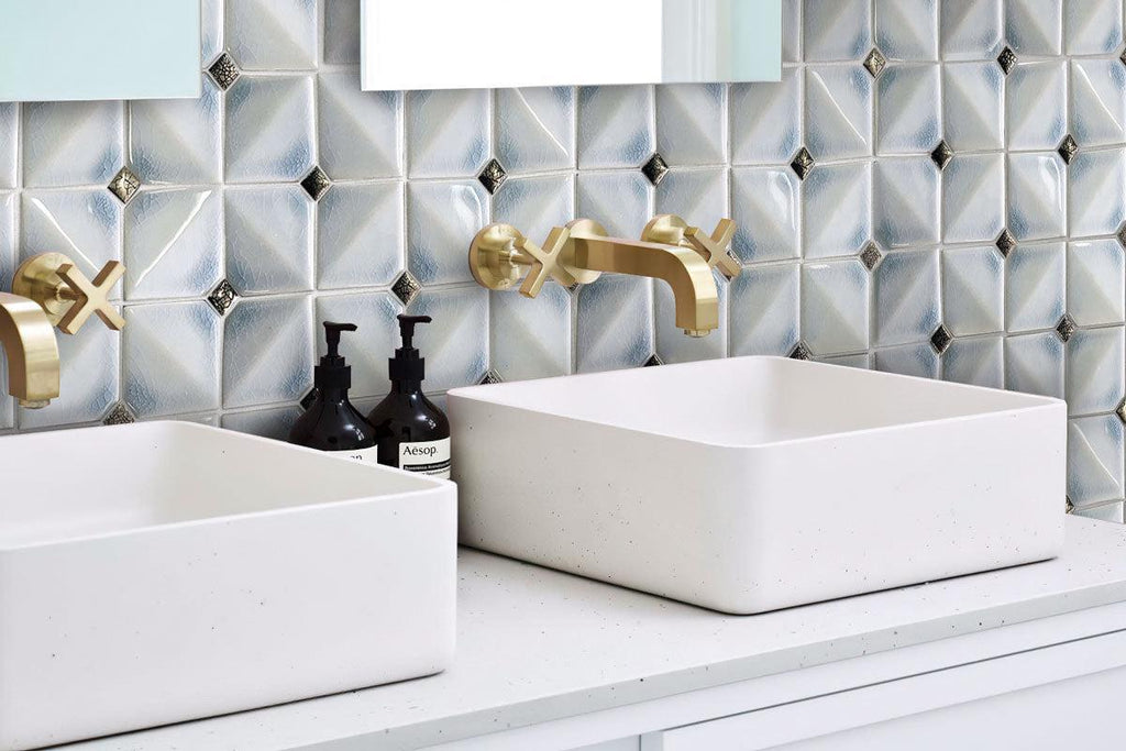 Blue, White and Gold Bathroom with Ceramic Square Tiles