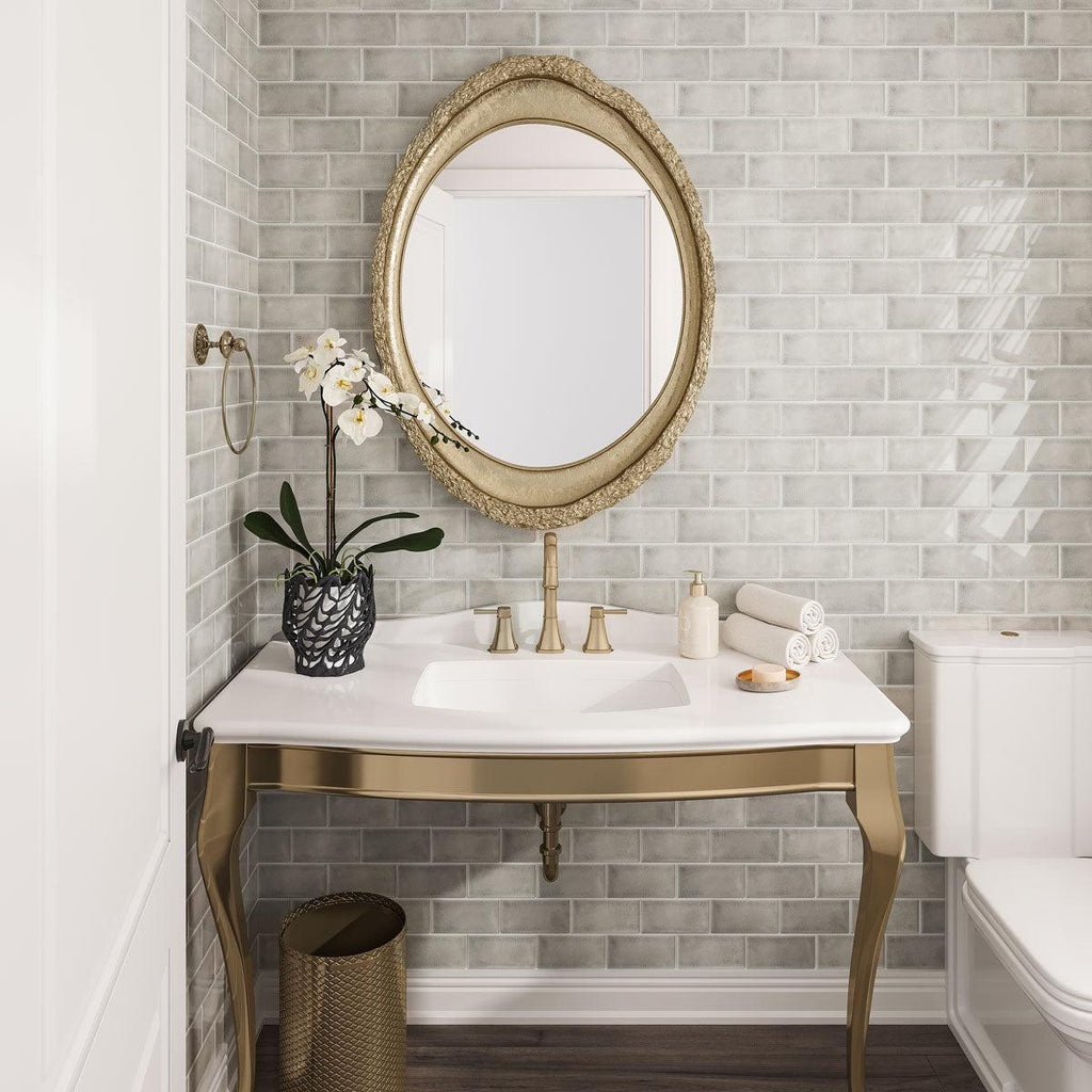 Vintage gold and green bathroom with Chateau Tundra Sage Green Ceramic Subway Tile