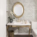 Vintage gold and green bathroom with Chateau Tundra Sage Green Ceramic Subway Tile