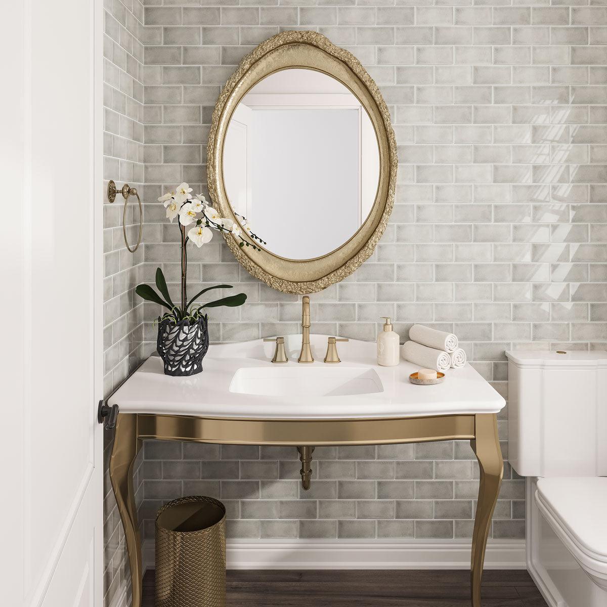 Vintage gold and green bathroom with Chateau Tundra Sage Green Ceramic Subway Tile