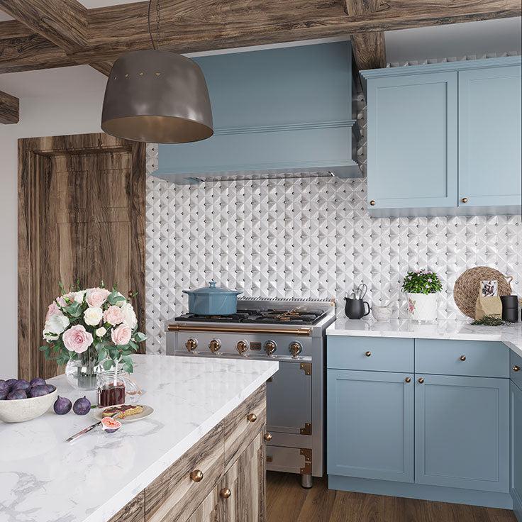 Blue and white cottage kitchen with Chateau White Square Ceramic Mosaic Tile backsplash