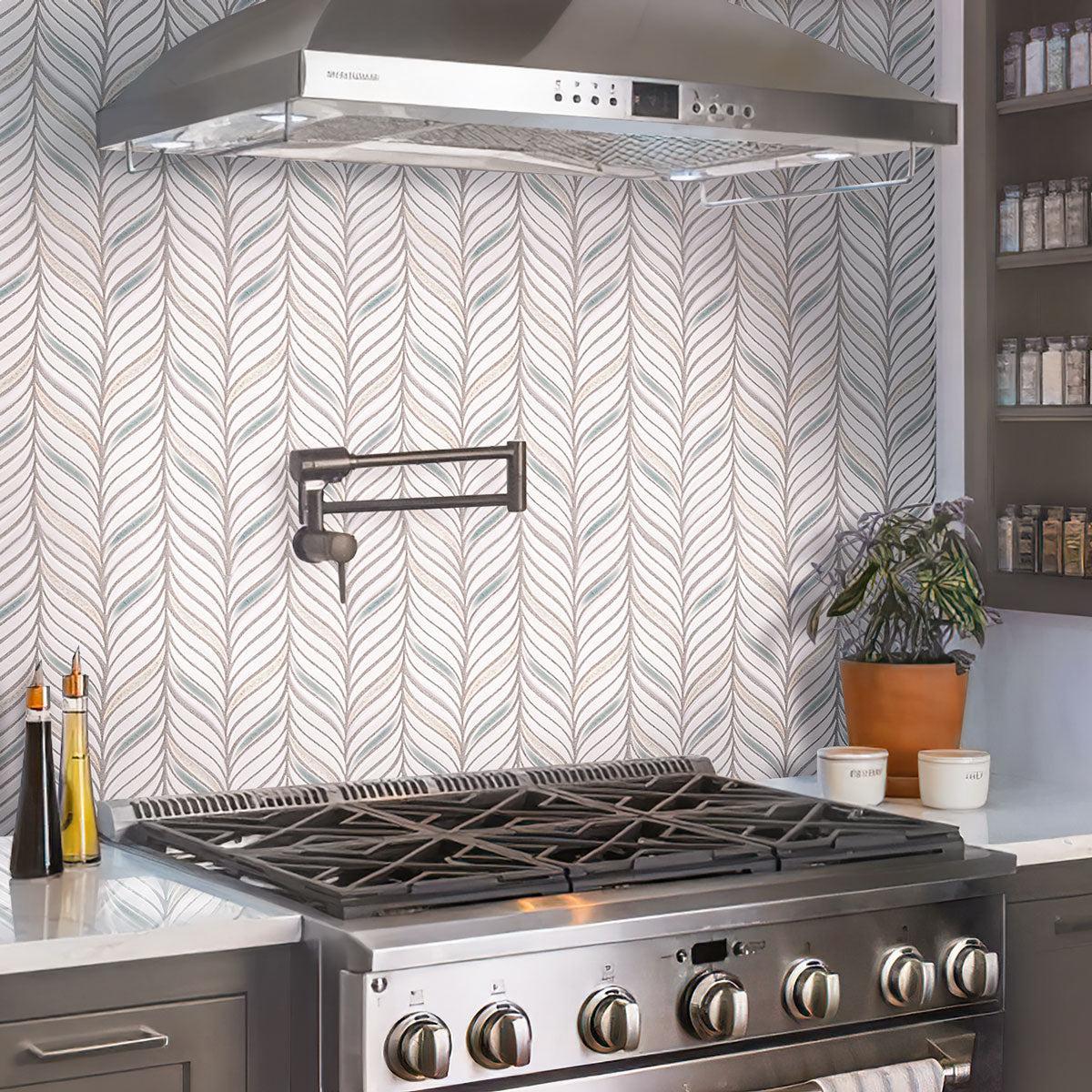  Modern kitchen in grey with Chateau White Sprig Ceramic Mosaic Tile backsplash