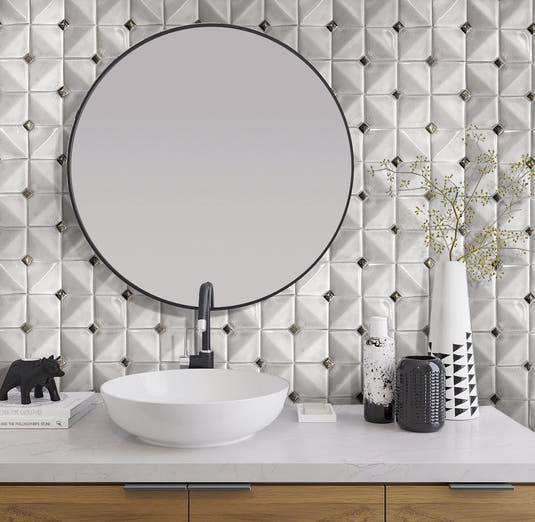 Black and white Tuxedo bathroom with Chateau White Square Ceramic Mosaic Tile 
