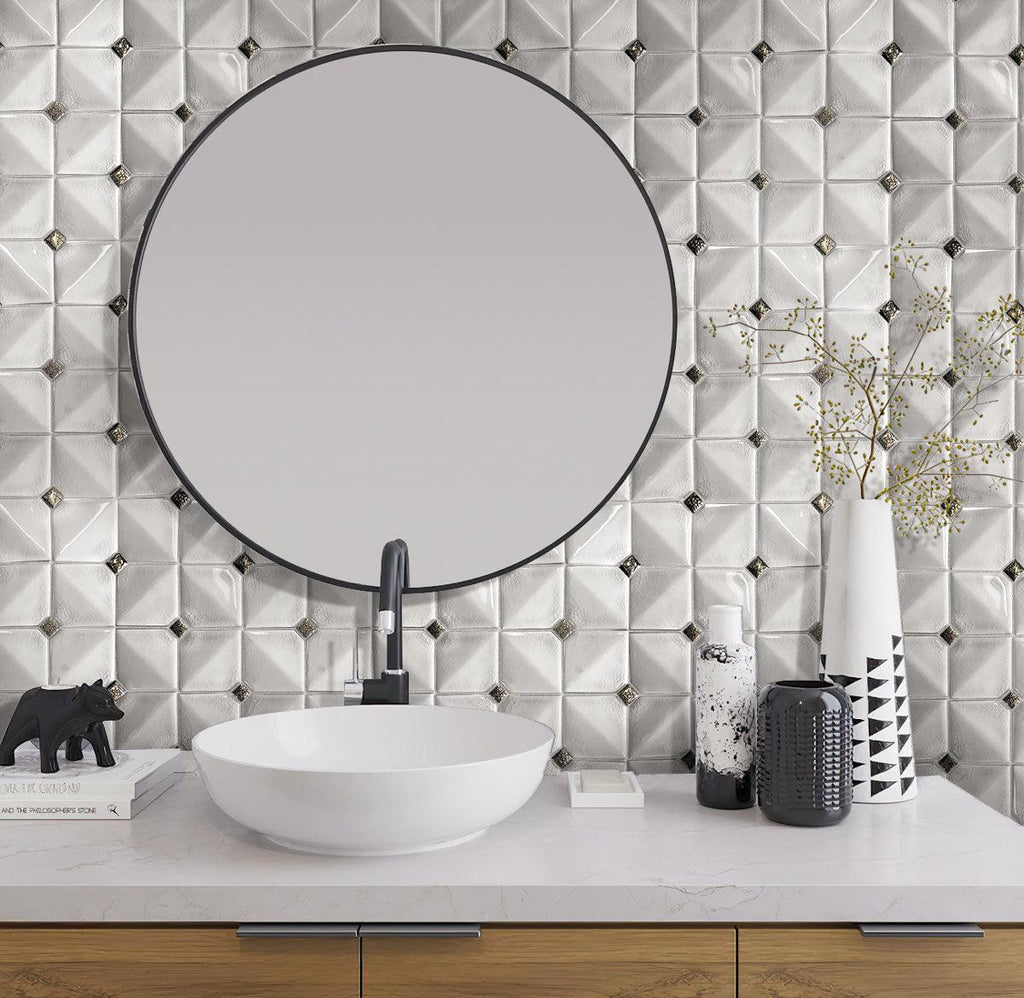Black and white Tuxedo bathroom with Chateau White Square Ceramic Mosaic Tile 