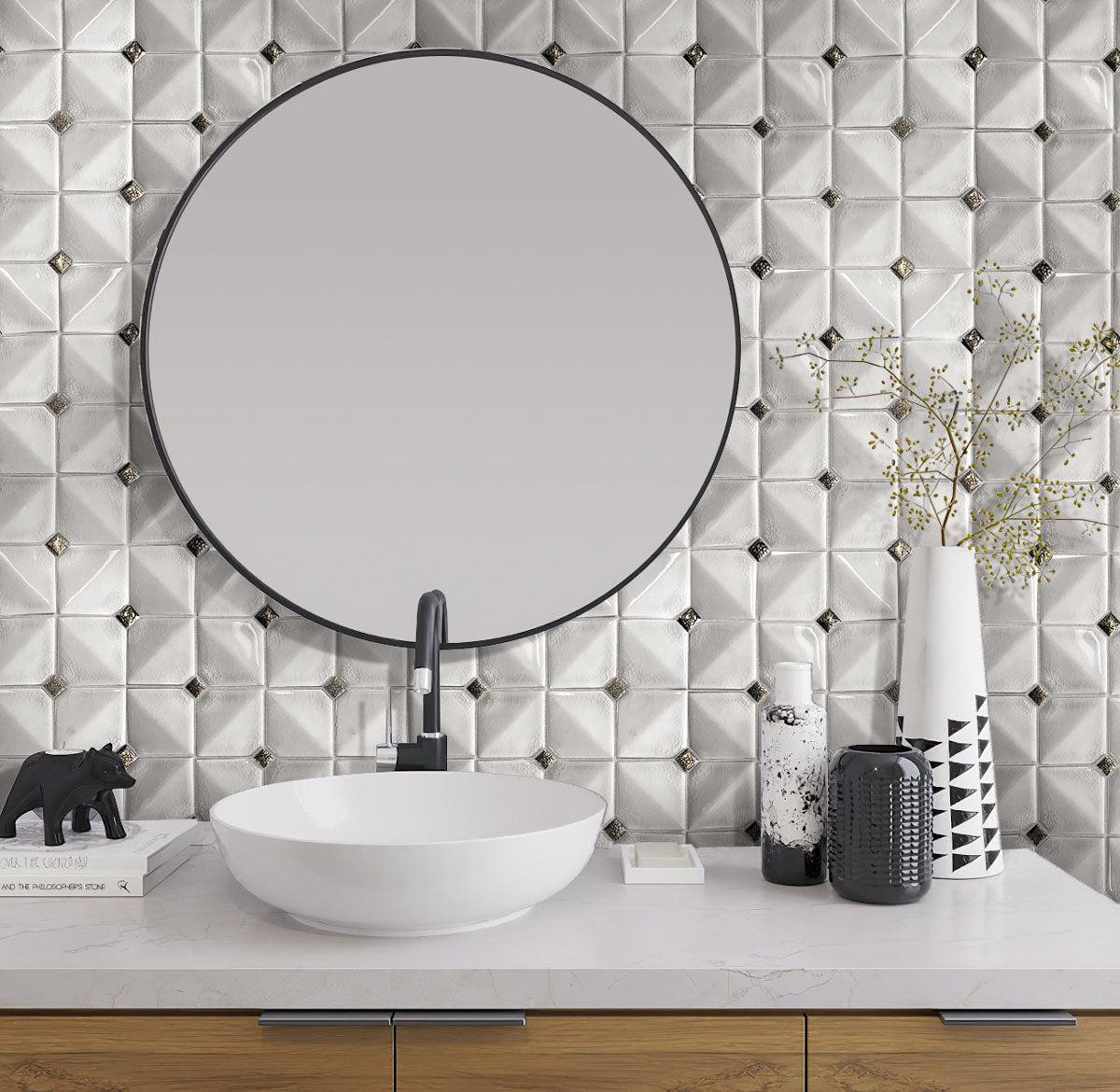 Black and white Tuxedo bathroom with Chateau White Square Ceramic Mosaic Tile 