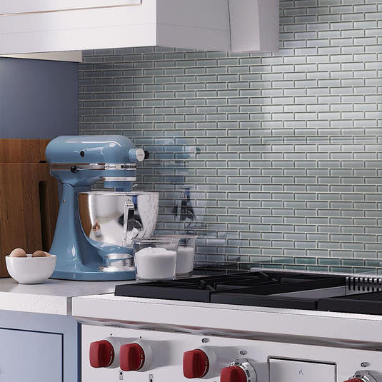 Chic Gray Glass Brick Tile Kitchen Backsplash behind the stove