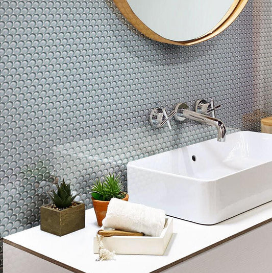 Chic Gray Penny Round Glass Tile bathroom vanity wall