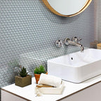 Chic Gray Penny Round Glass Tile bathroom vanity wall