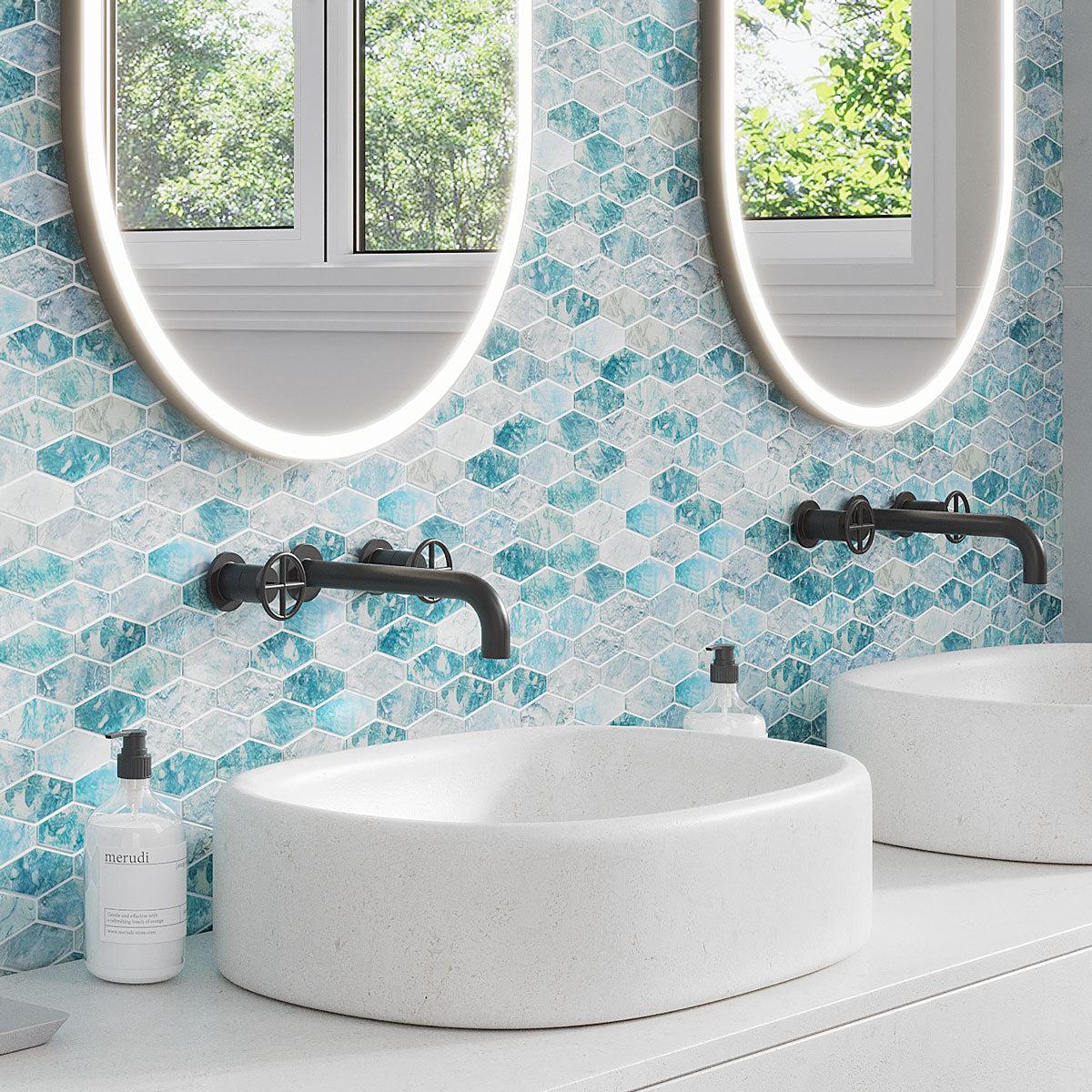Coastal Dreams Elongated Hex Glass Mosaic Tile Bathroom Backsplash