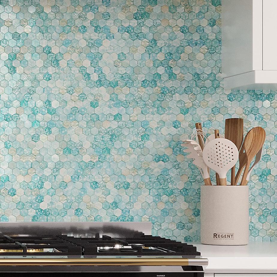 Coastal Dreams Hexagon Glass Mosaic Backsplash