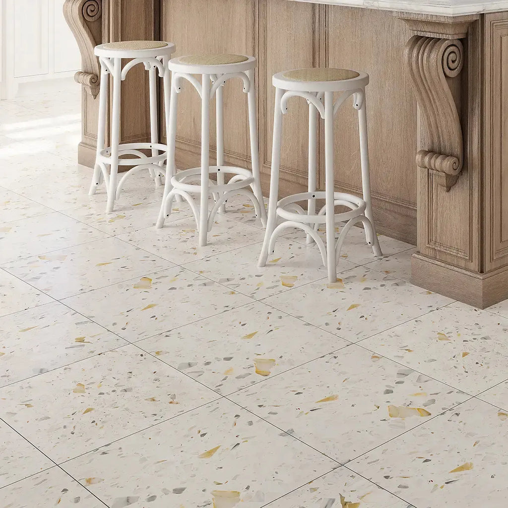 Coastal Sky Terrazzo Concrete Tile Floor for a Chic Kitchen