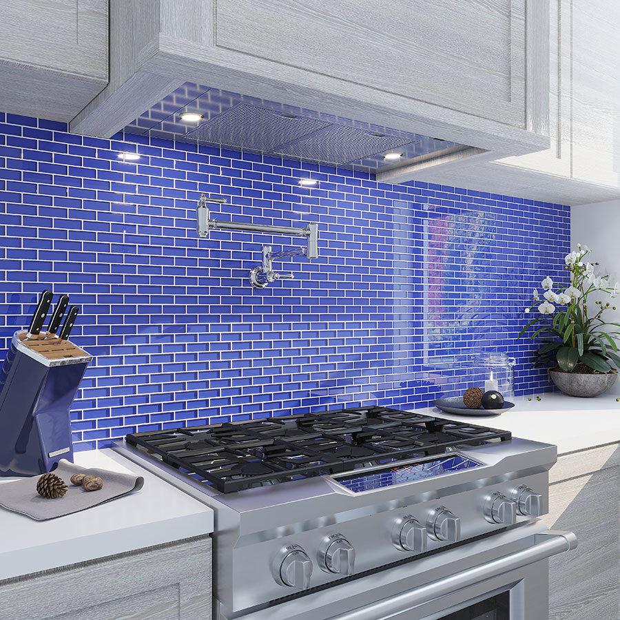 Blue and Chrome Kitchen with Glass Brick Tiles