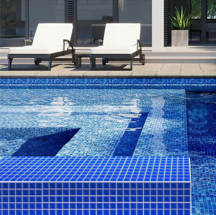 Cobalt Blue Square Glass Mosaic Tile 1x1 Outdoor Poolside