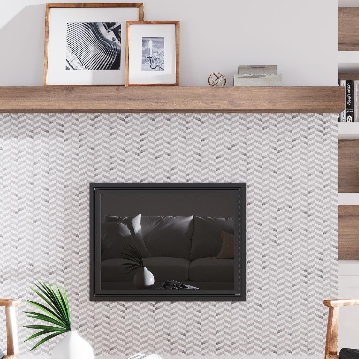 Contemporary Chevron Marble Mosaic Fireplace Surround