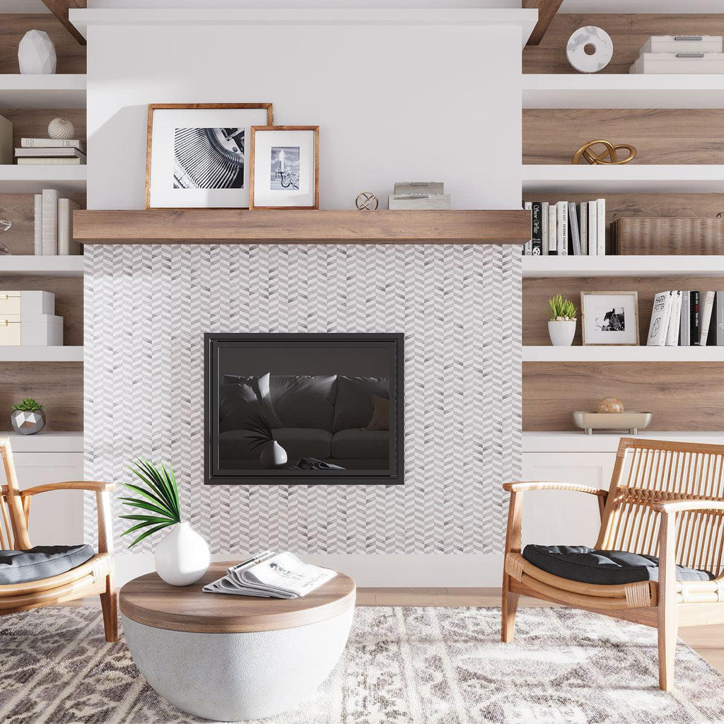 Contemporary two tone marble chevron tile for a Scandi living room fireplace surround