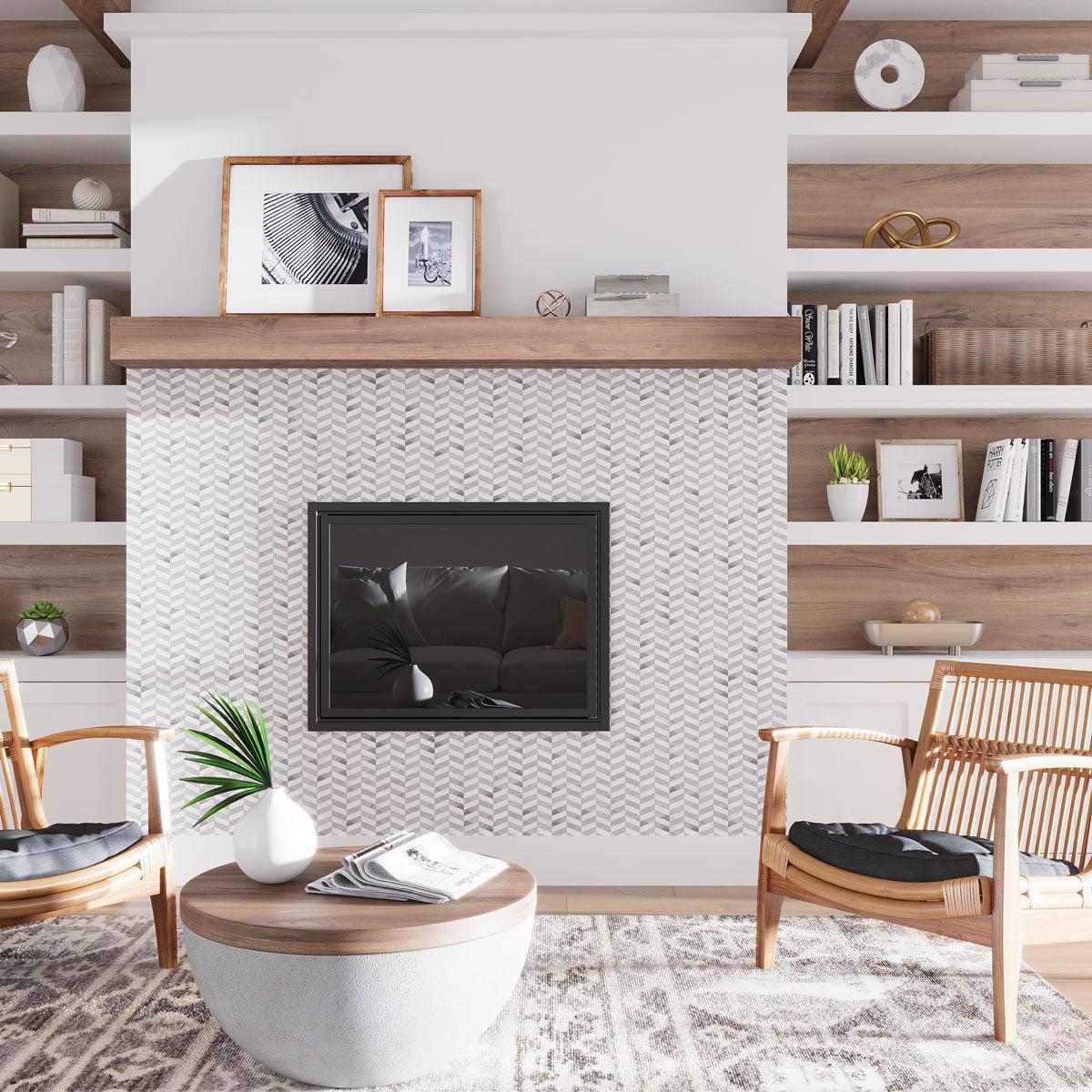 Contemporary two tone marble chevron tile for a Scandi living room fireplace surround