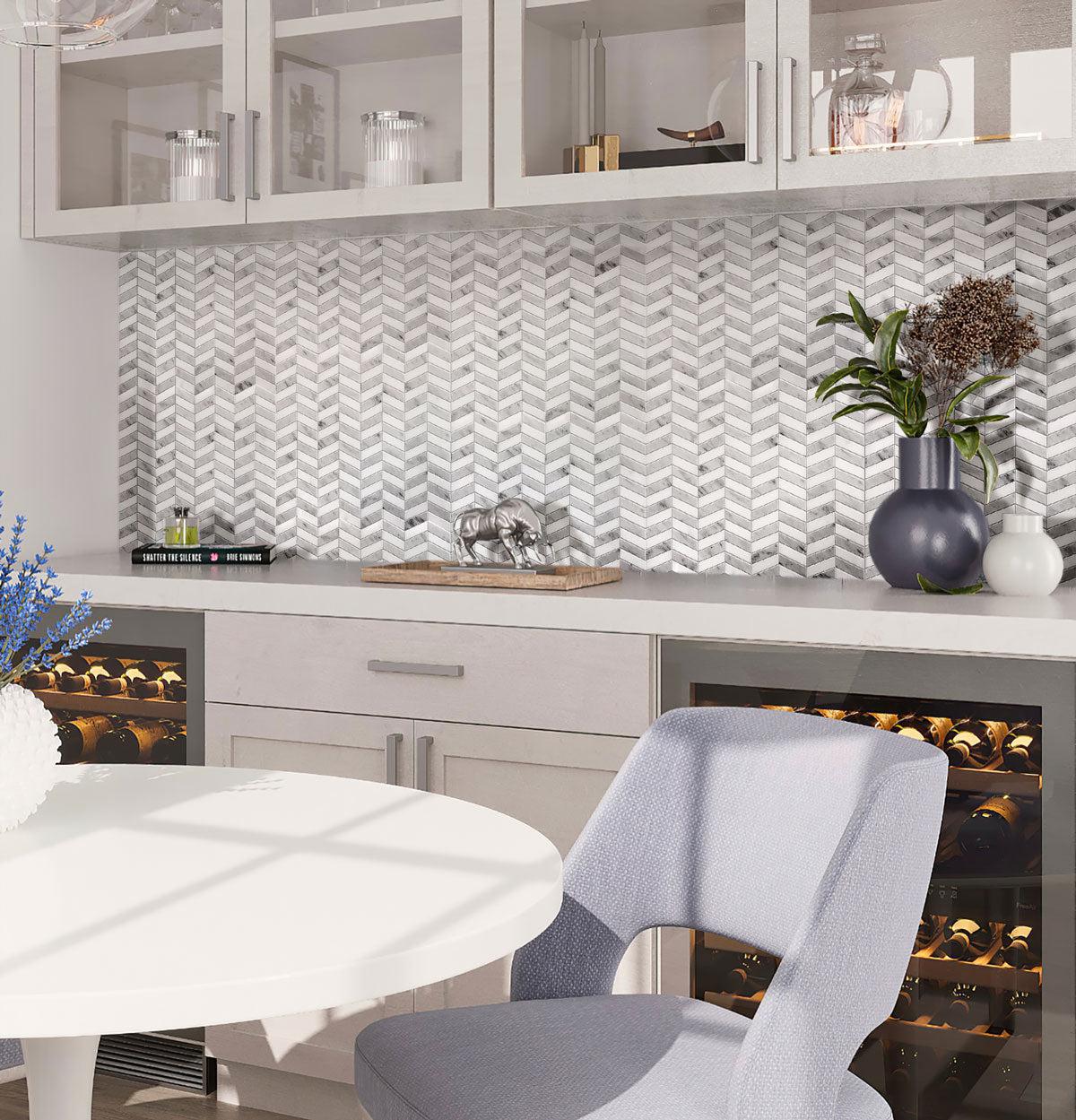 Contemporary Chevron Marble Mosaic Tile pantry backsplash