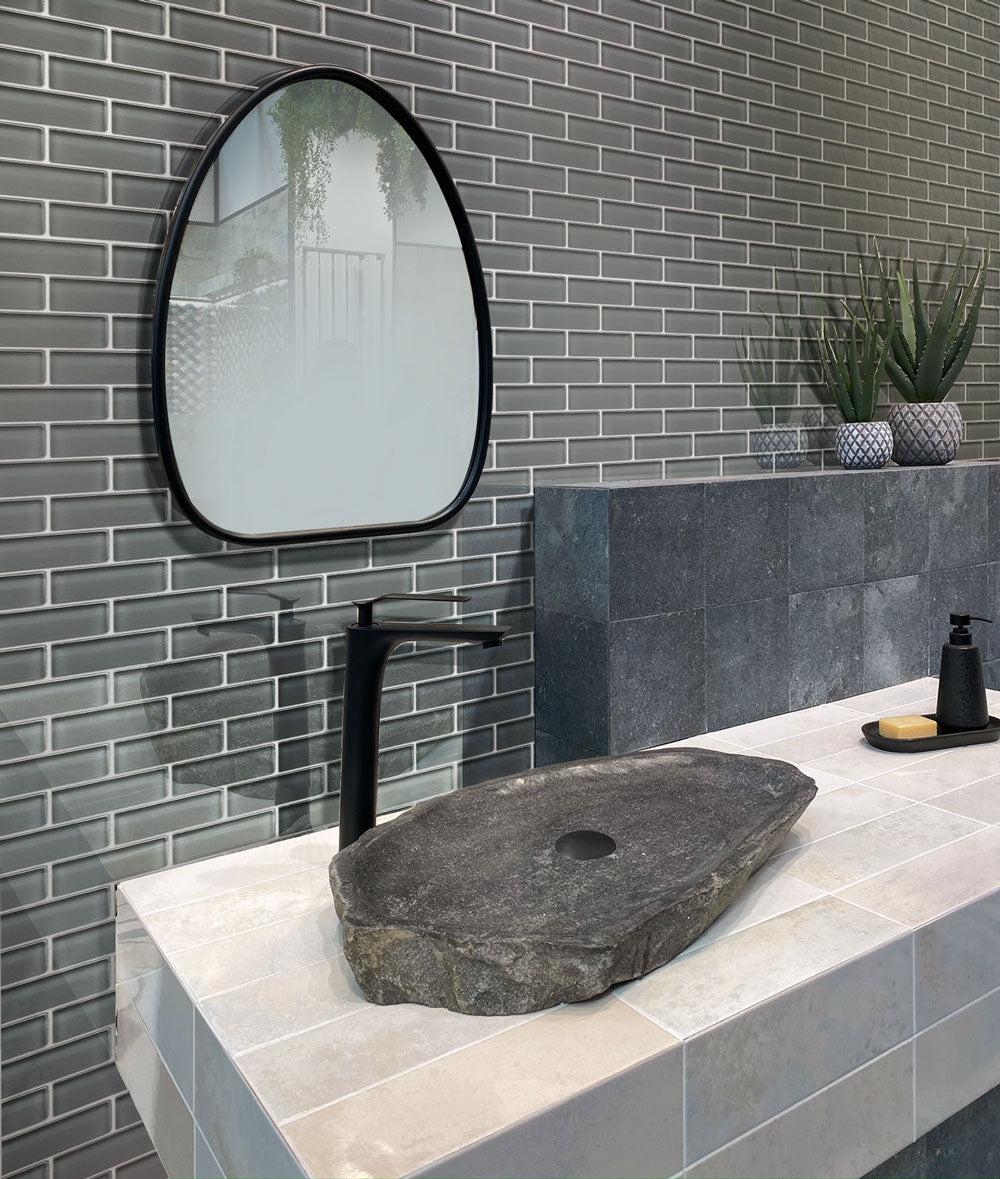 Cool Gray Glass Brick Tile Bathroom Design