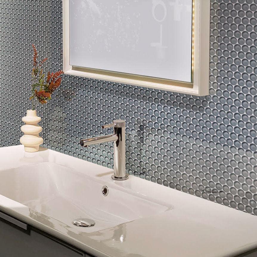 Cool Gray Penny Round Glass Tile with a polished finish