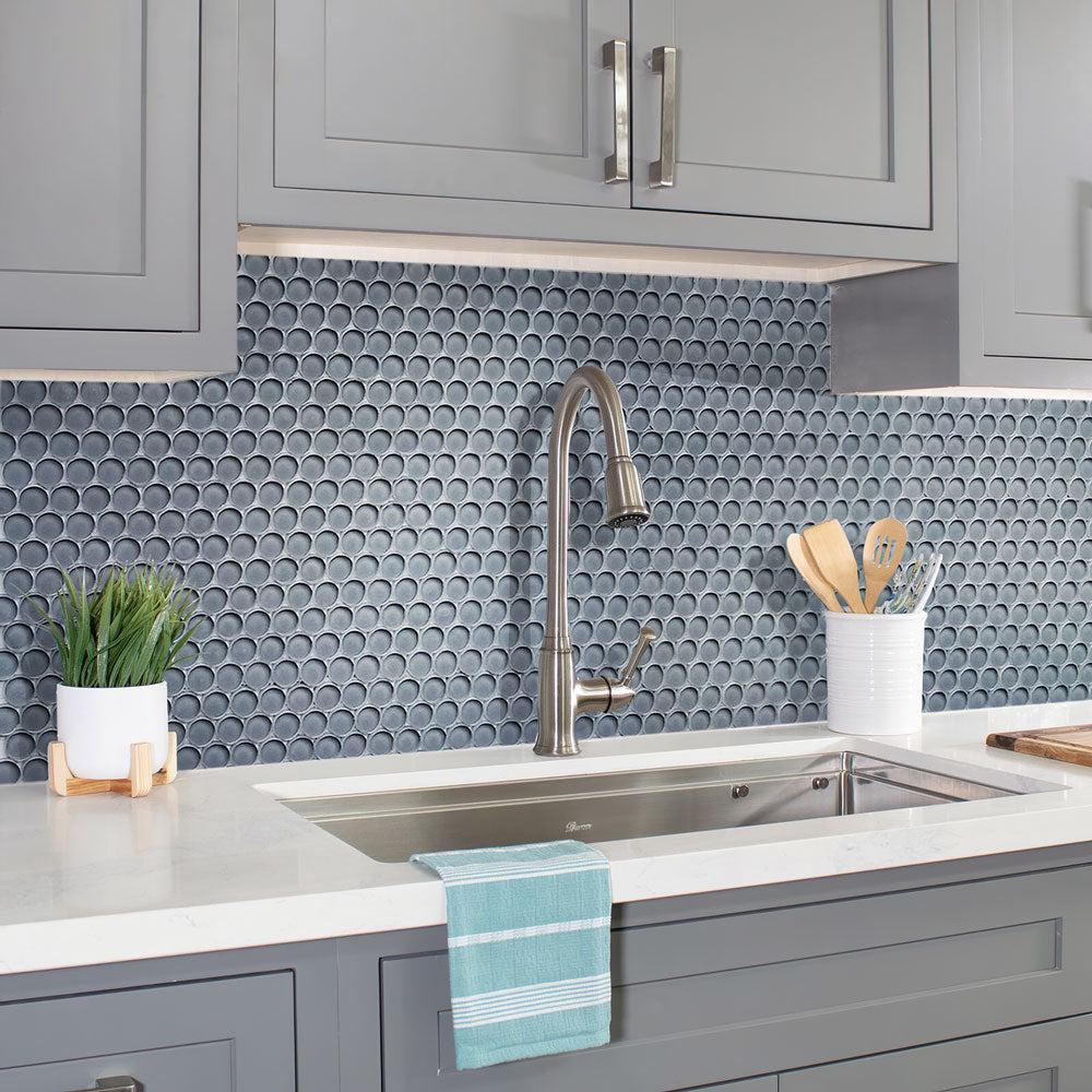 Grey and white kitchen with Cool Gray Penny Round Glass Tile wall