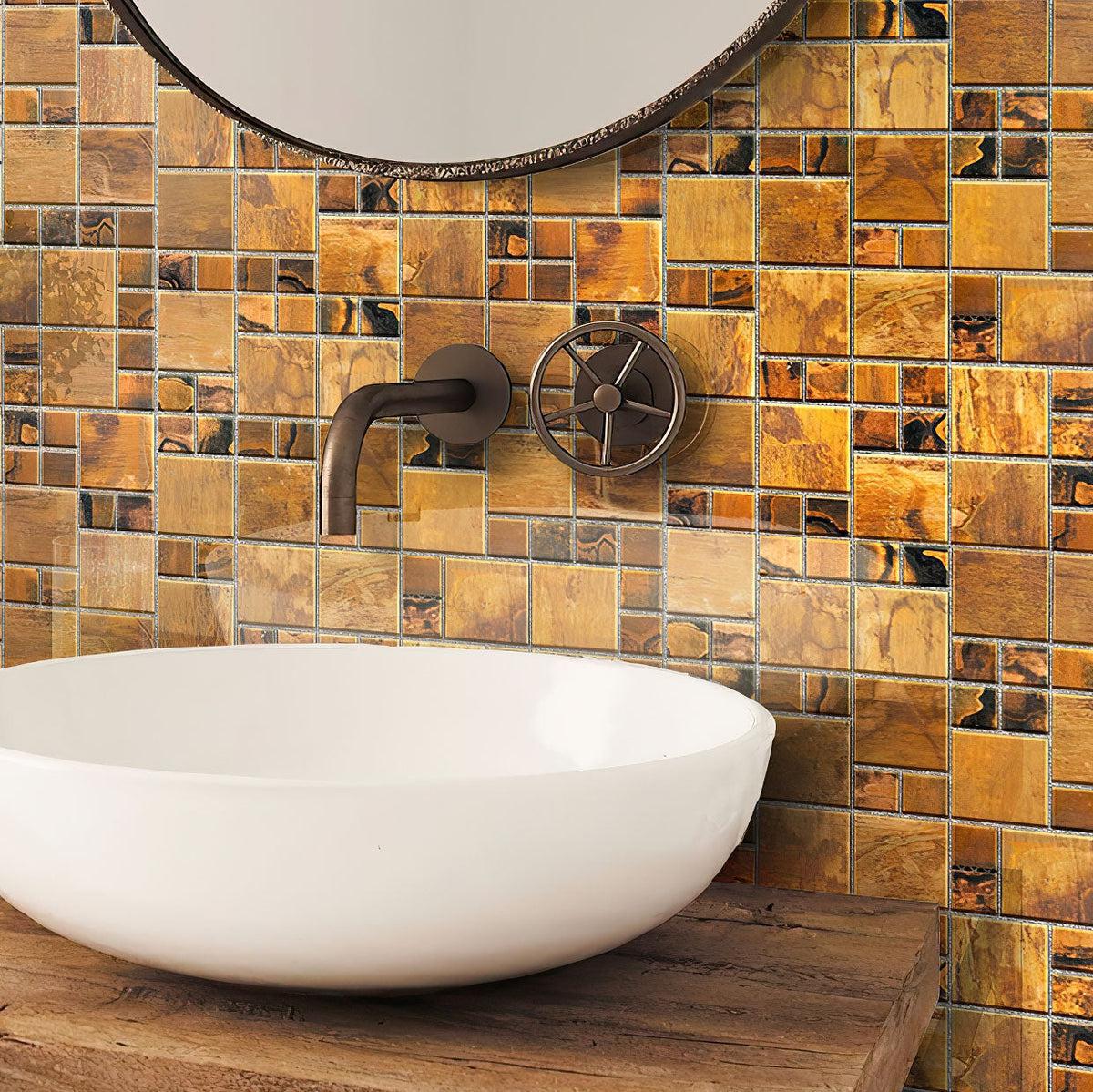 Wood  and Copper metal mosaic tile bathroom