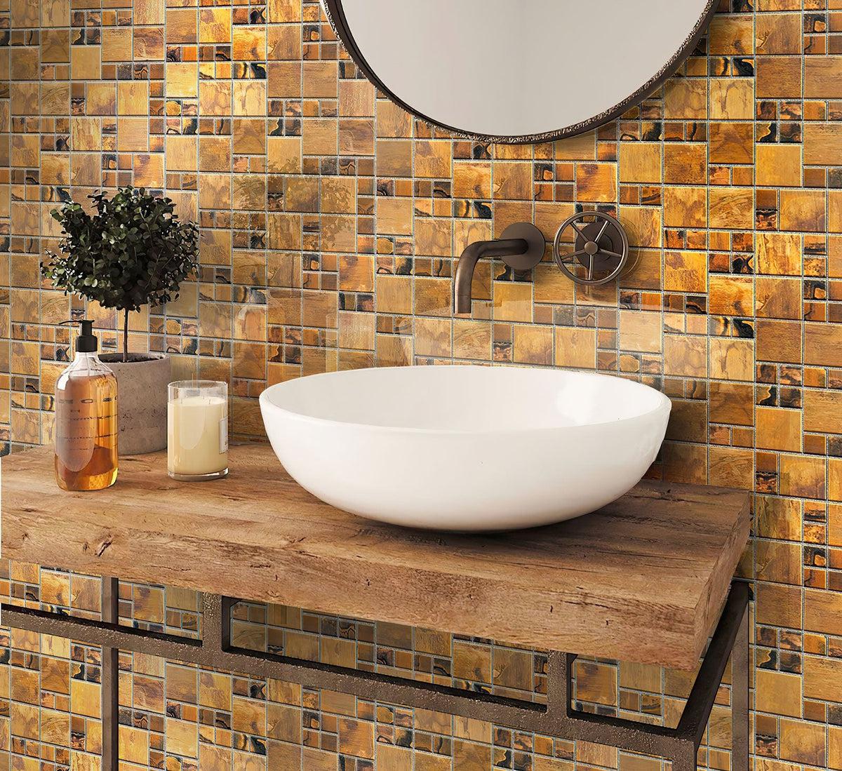 Copper metal mosaic tile bathroom backsplash