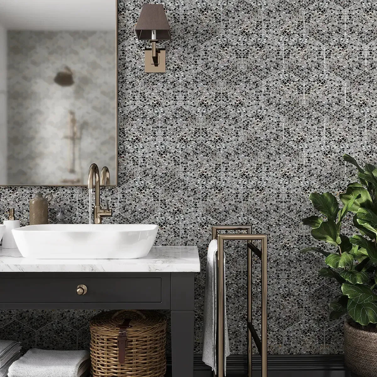 Corazza Black Sand Shell and Terrazzo Hexagon Tile | Tile Club