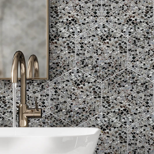 Corazza Black Sand Shell and Terrazzo Hexagon Tile Bathroom Backsplash