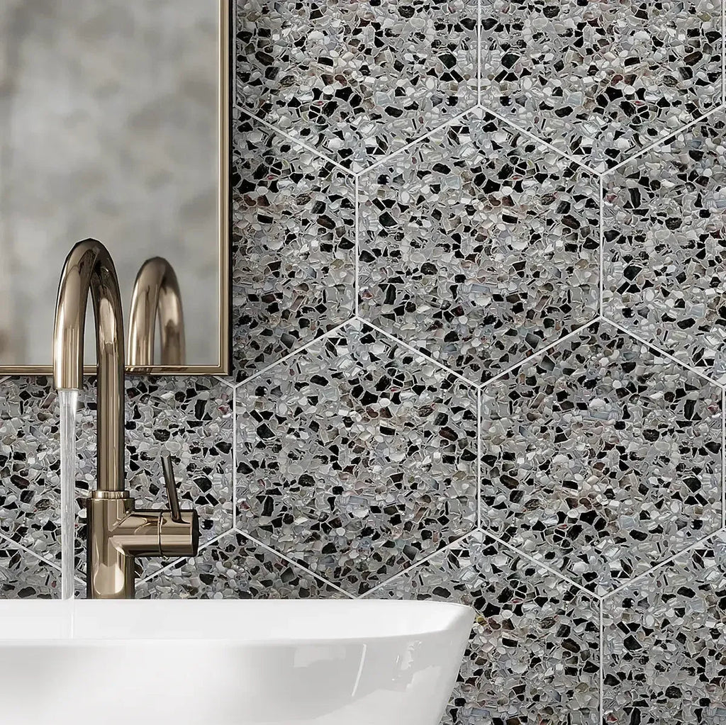 Corazza Black Sand Shell and Terrazzo Hexagon Tile Bathroom Backsplash