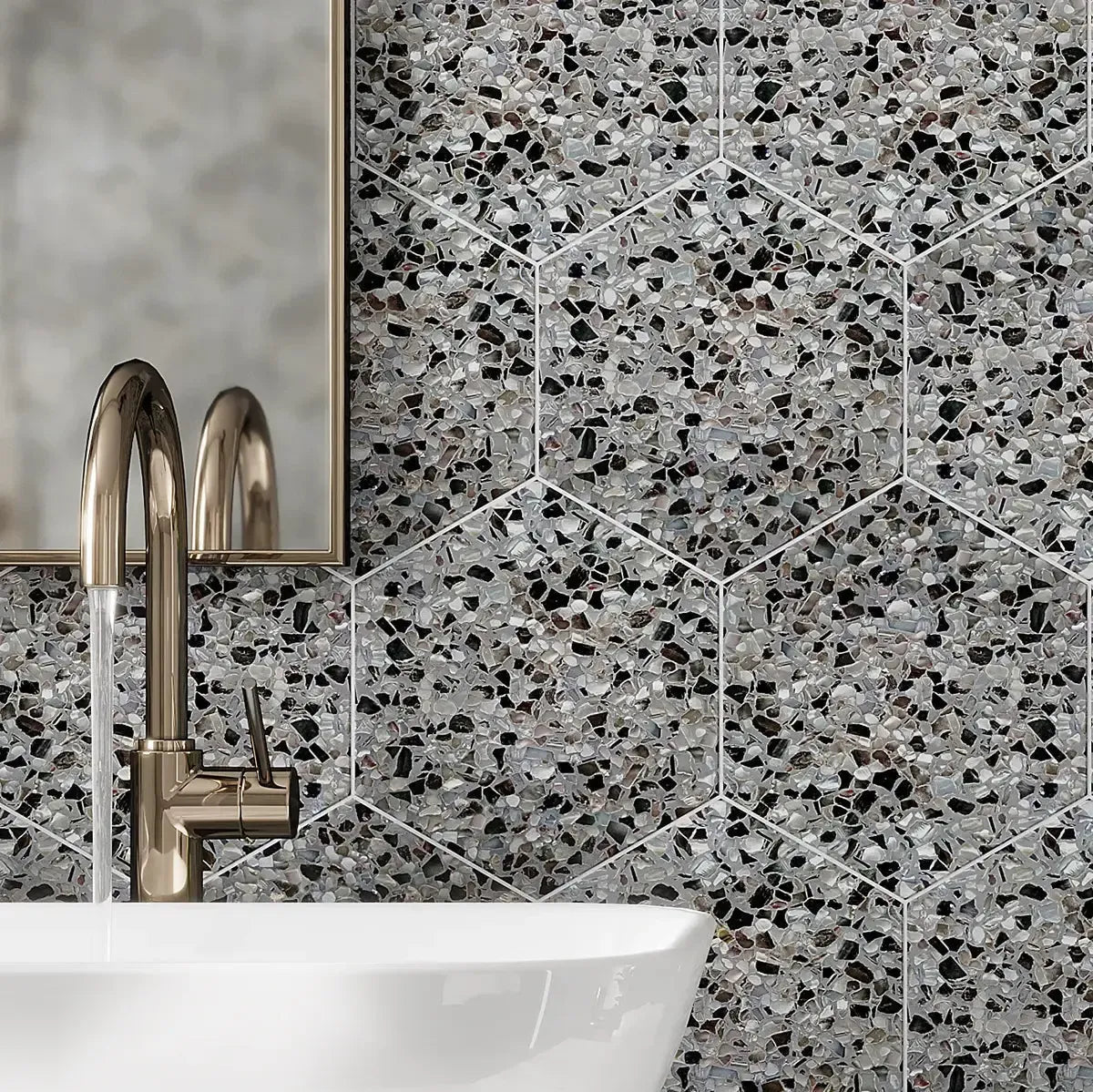 Corazza Black Sand Shell and Terrazzo Hexagon Tile Bathroom Backsplash
