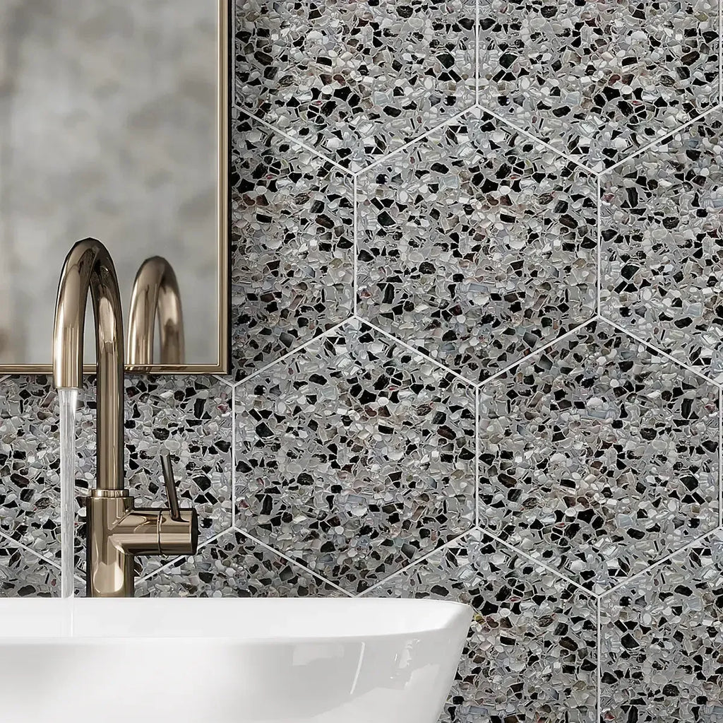 Corazza Black Sand Shell and Terrazzo Hexagon Tile Bathroom Backsplash