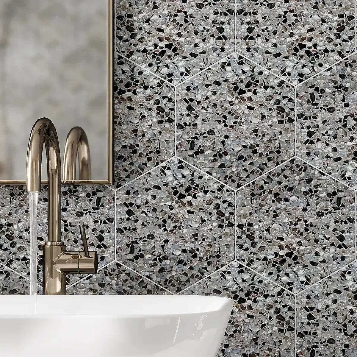 Corazza Black Sand Shell and Terrazzo Hexagon Tile Bathroom Backsplash