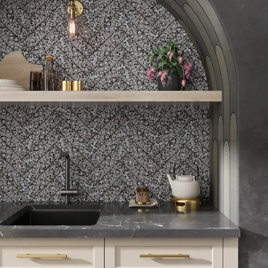 Corazza Black Sand Shell and Terrazzo Subway Tile | Tile Club