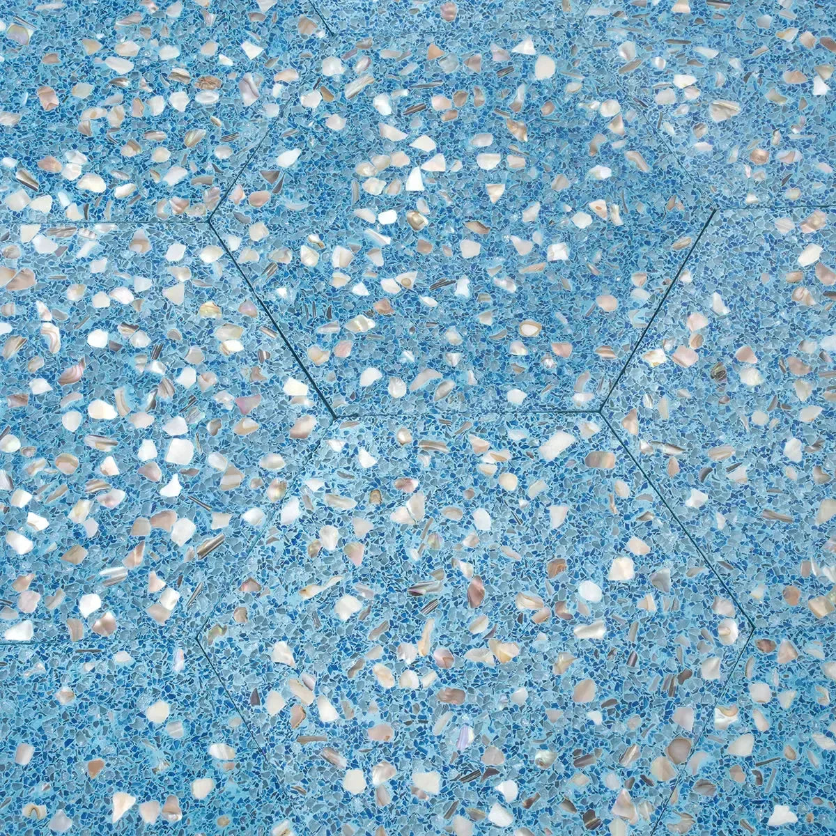 Corazza Ocean Blue Shell and Terrazzo Hexagon Tile | Tile Club