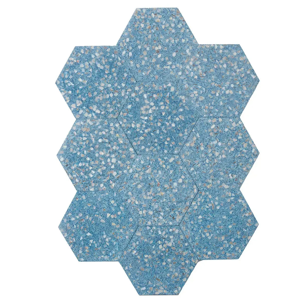 Corazza Ocean Blue Shell and Terrazzo Hexagon Tile | Tile Club
