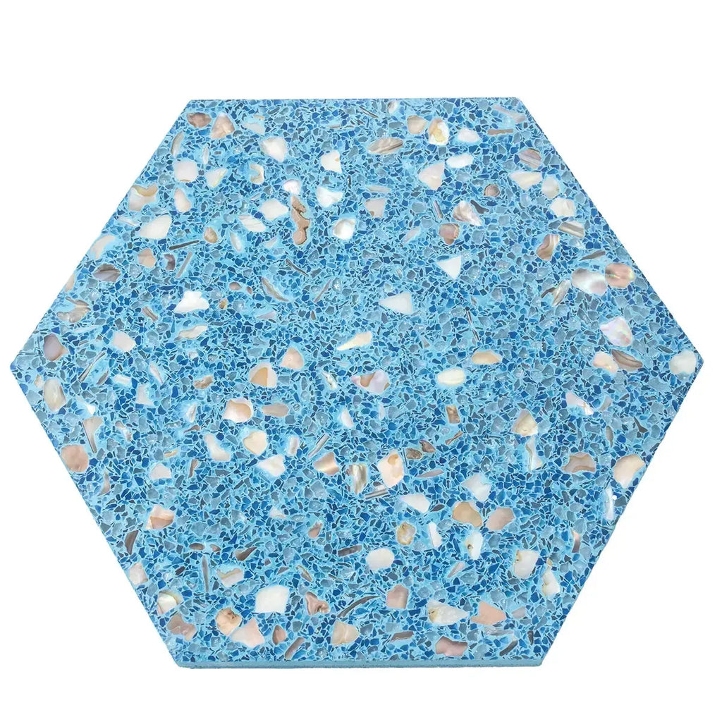 Corazza Ocean Blue Shell and Terrazzo Hexagon Tile | Tile Club