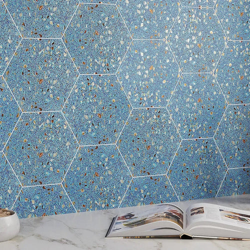 Corazza Ocean Blue Shell and Terrazzo Hexagon Tile | Seashell