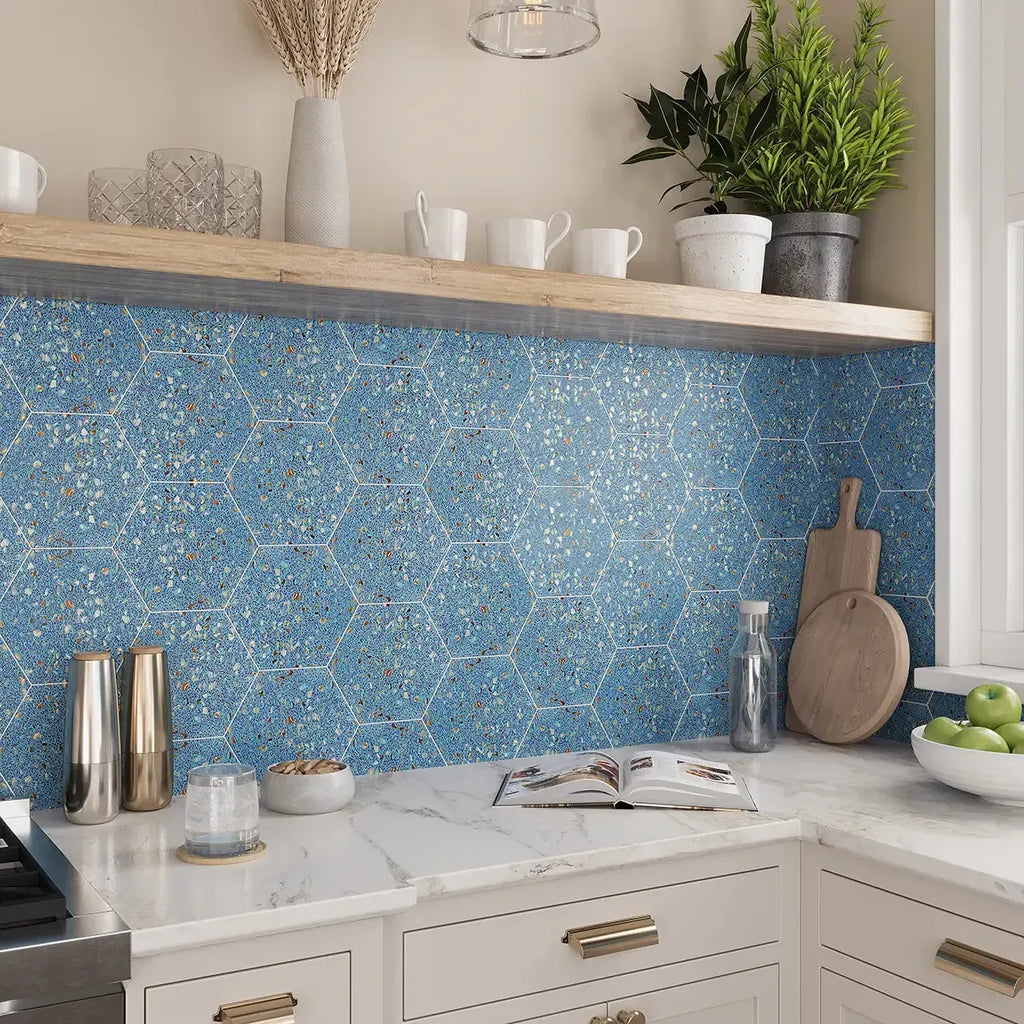 Corazza Ocean Blue Shell and Terrazzo Hexagon Tile | Tile Club