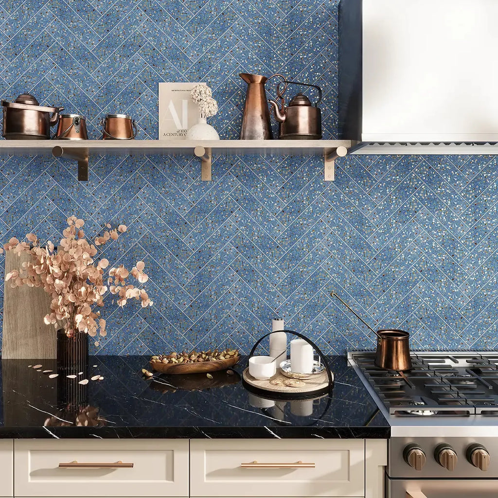 Corazza Ocean Blue Shell and Terrazzo Subway Tile | Tile Club